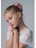 Beaded Short Sleeves White Lace Glitter Tulle Flower Girl Dress